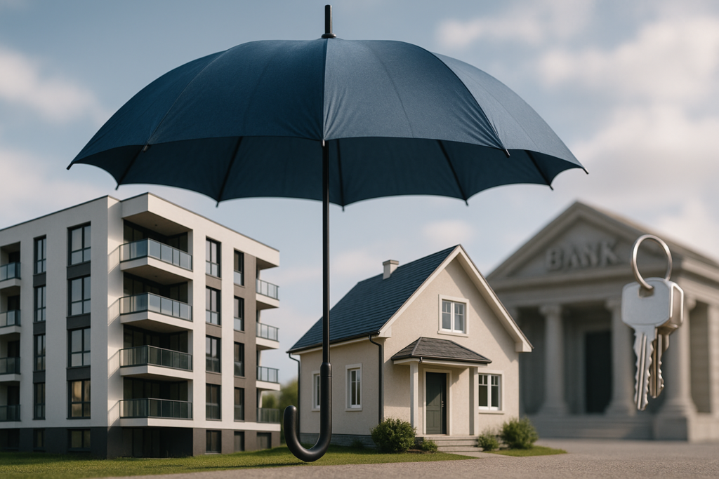 Parasol chroniący dom i mieszkanie symbolizujący bezpieczeństwo dzięki ubezpieczeniu